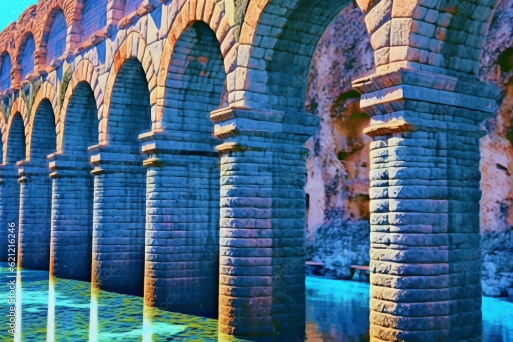 Poster an image featuring abstract interpretations of a roman aqueduct, with arching lines and cool blues. 