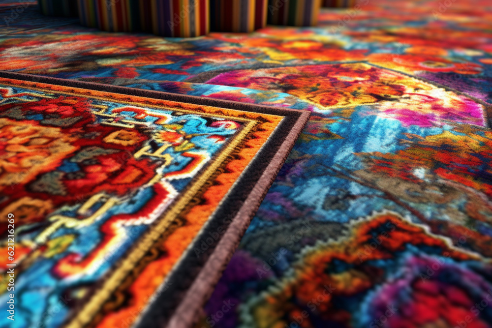 Poster An abstract portrayal of a Persian carpet, with intricate patterns and vibrant colors. Generative AI technology.