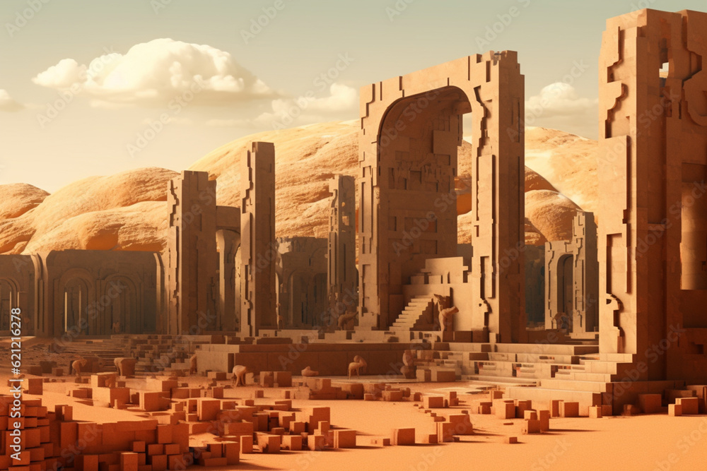 Aufkleber an image featuring abstract interpretations of the ruins of persepolis, with geometric shapes and wa