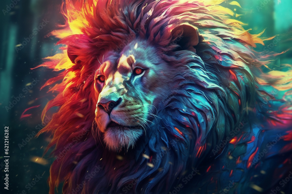 Poster an abstract depiction of a persian lion, with flowing lines and majestic hues. generative ai technol