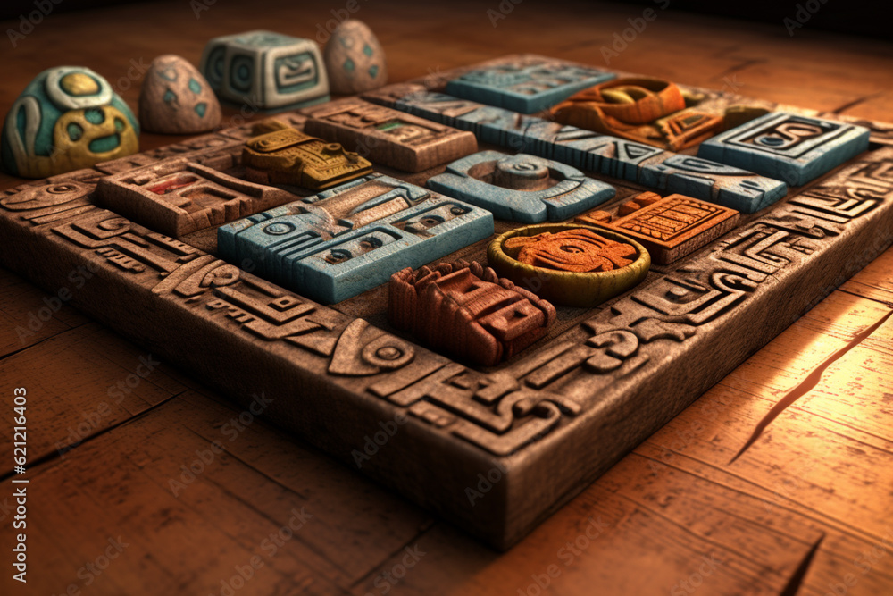 Aufkleber an image featuring abstract interpretations of maya hieroglyphic writing, with intricate symbols and