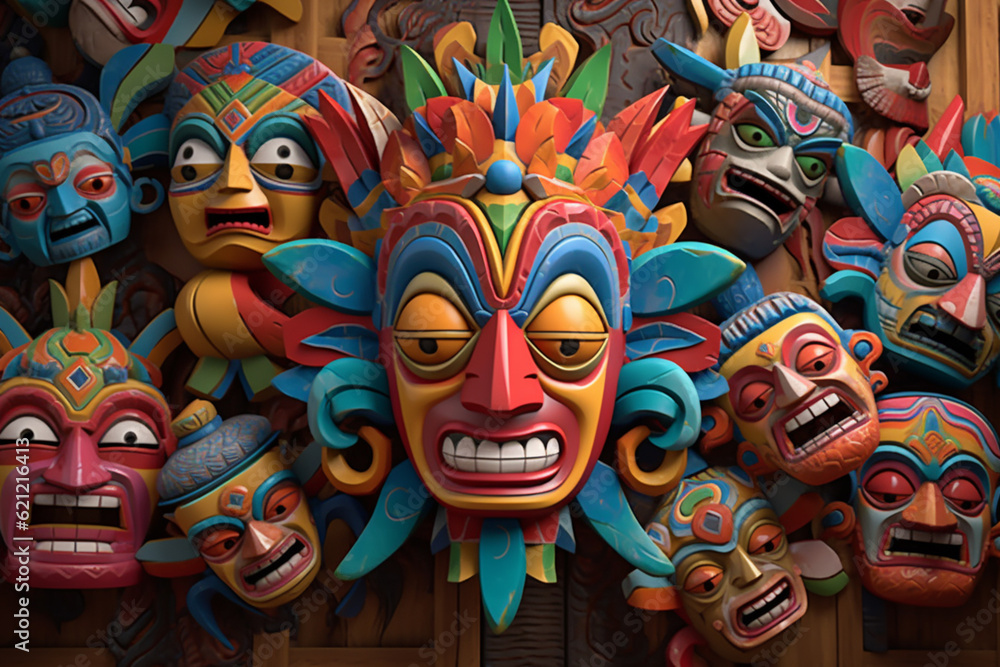 Aufkleber an image showcasing abstract representations of maya ceremonial masks, with bold shapes and vibrant 