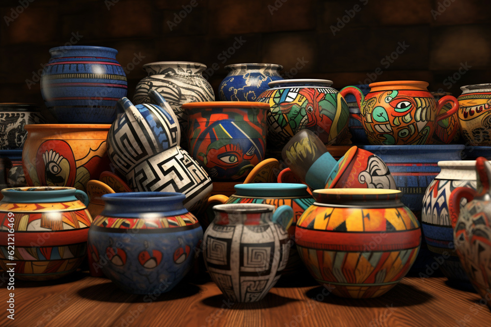 Aufkleber An image featuring abstract interpretations of Maya pottery designs, with intricate patterns and earthy tones.  Generative AI technology.