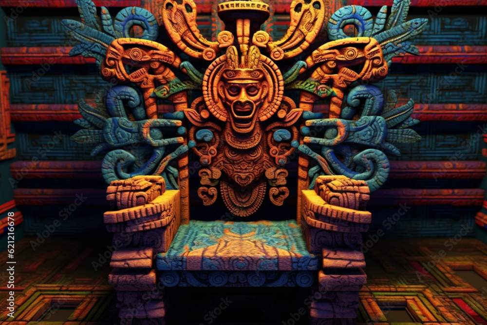 Poster an image featuring abstract representations of an inca royal throne, with ornate designs and rich co