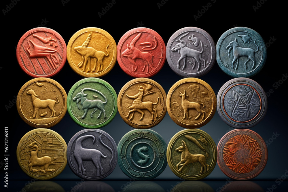 Poster an image showcasing abstract interpretations of harappan seals, with intricate motifs and a warm col