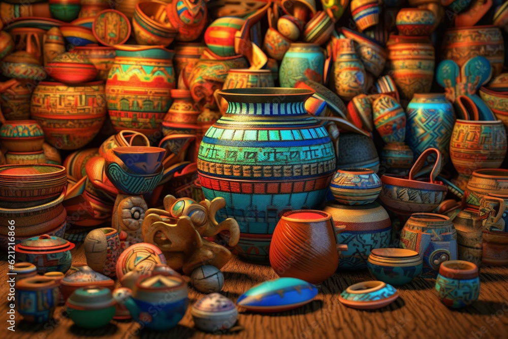Aufkleber An image featuring abstract representations of Harappan pottery and artifacts, with stylized forms and a mix of warm and cool colors. Generative AI technology.