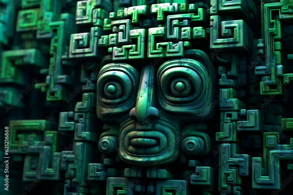 Poster An image showcasing abstract interpretations of Olmec jade art, with intricate patterns and vibrant green hues.  Generative AI technology.