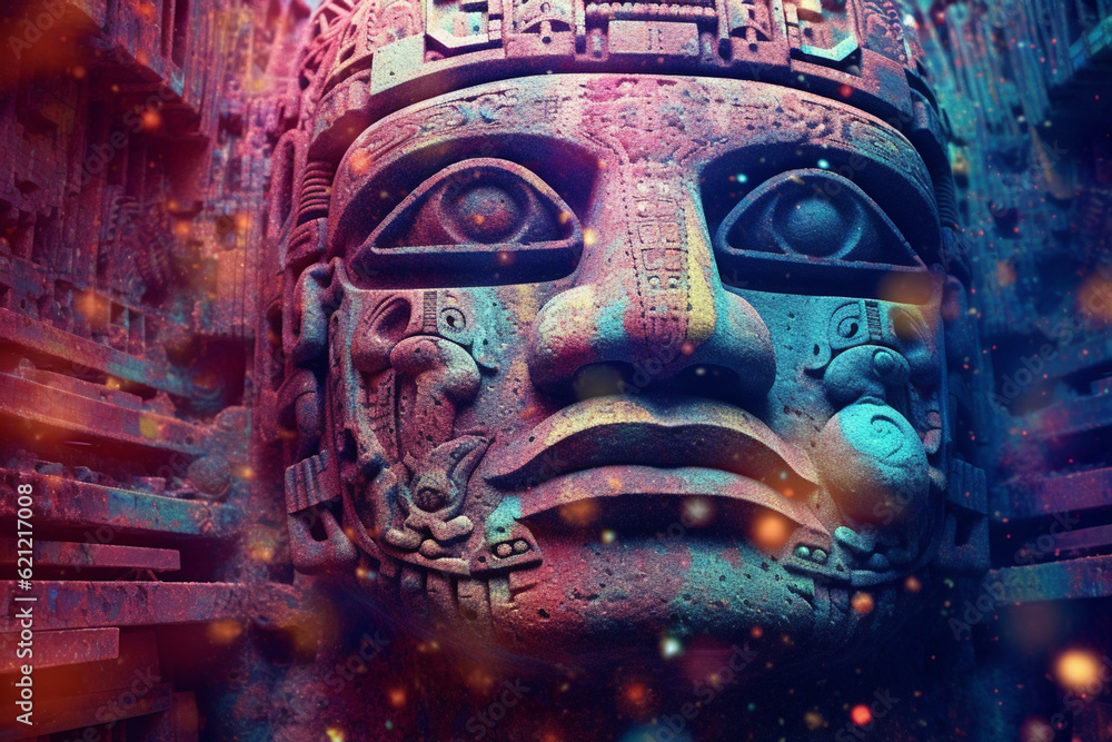 Poster an image featuring abstract representations of olmec cosmology, with celestial motifs and cosmic col