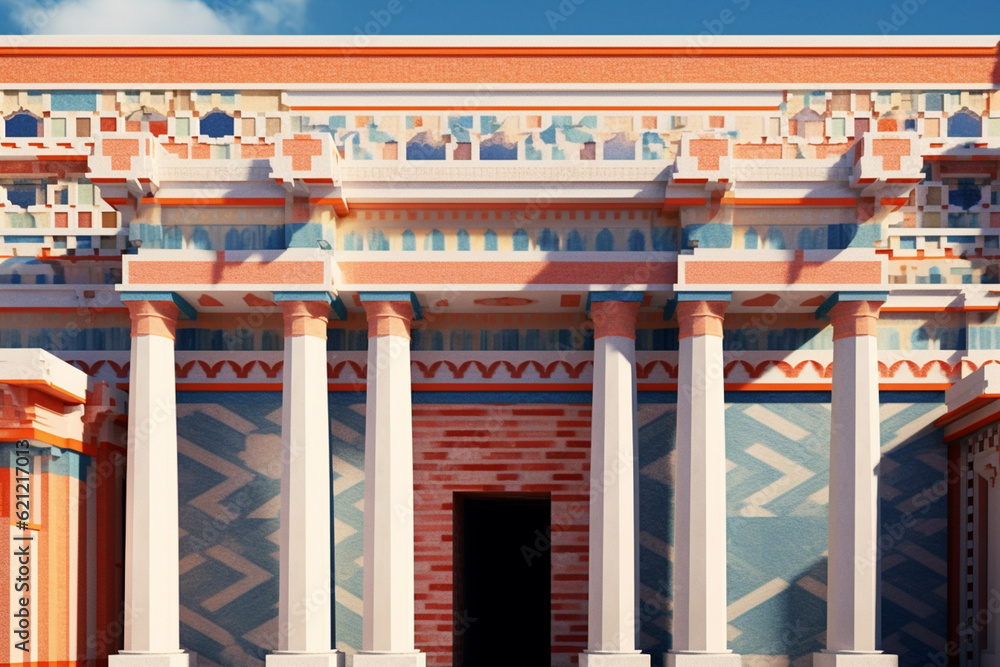 Poster an abstract portrayal of carthaginian architecture, with geometric forms and a harmonious color sche