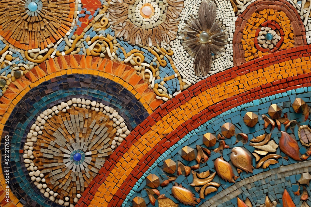 Poster An image showcasing abstract interpretations of Carthaginian mosaics, with intricate designs and a vibrant color palette.  Generative AI technology.