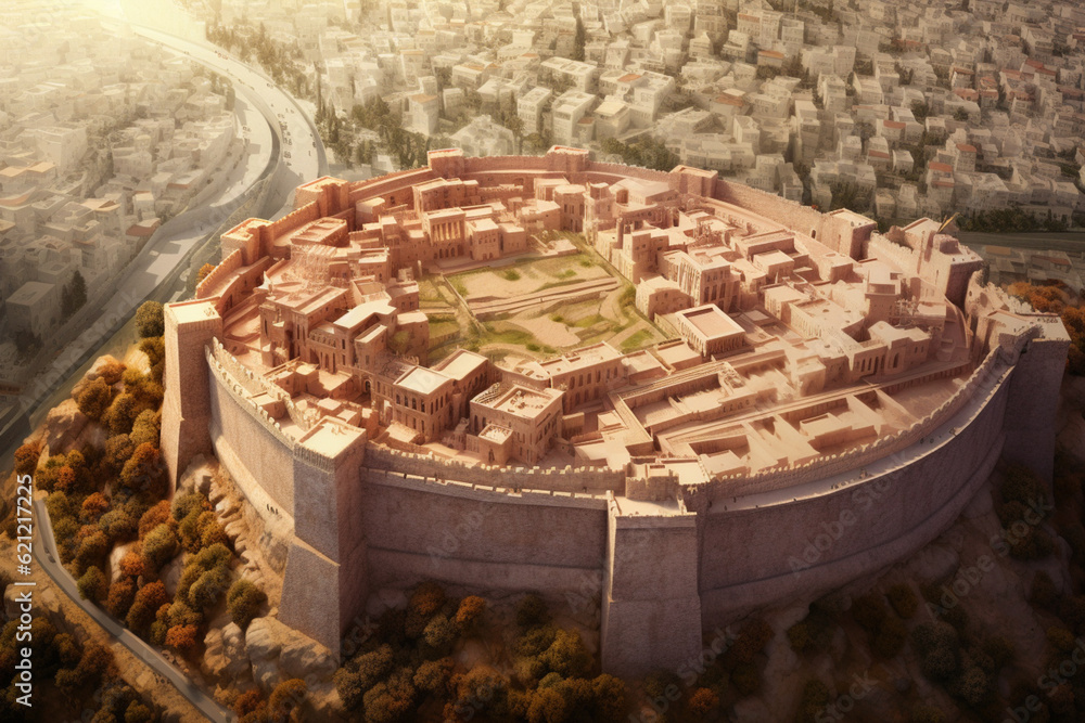 Leinwandbilder An image featuring an abstract interpretation of the City of David, with intersecting lines and a warm, earthy color scheme. Generative AI technology.
