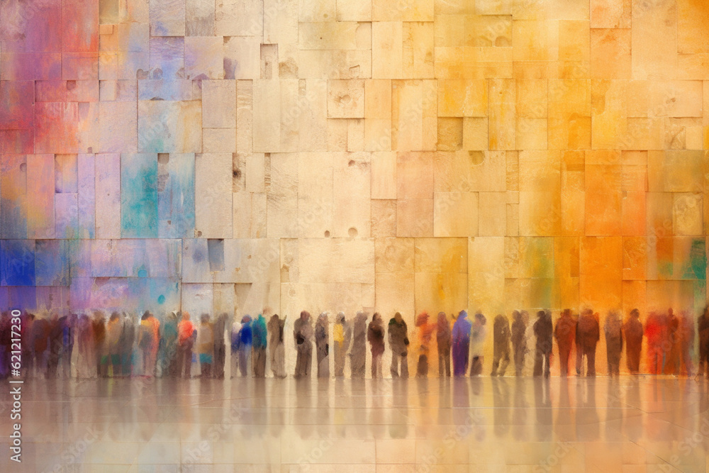 Poster an image showcasing abstract representations of prayers at the western wall, with symbolic motifs an