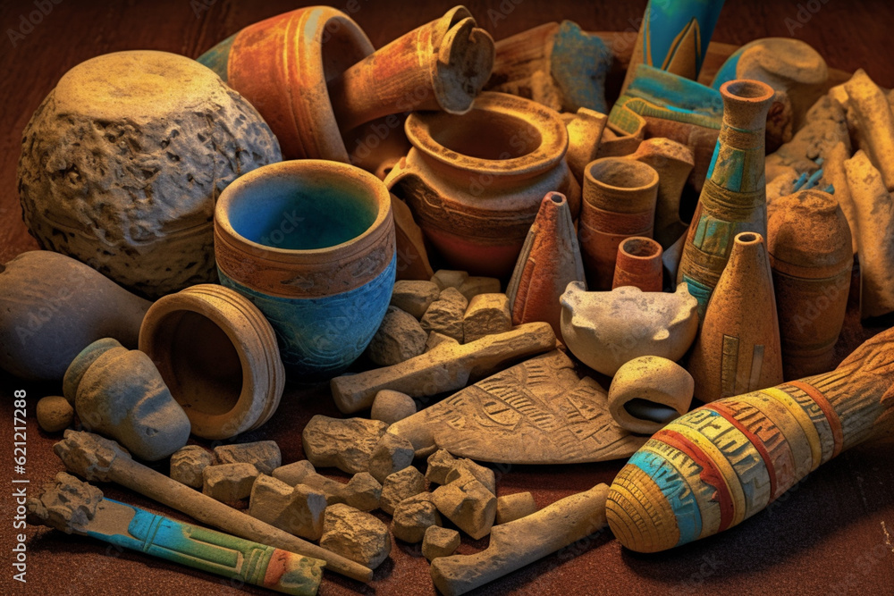 Fototapete an abstract depiction of phoenician artifacts, with fragmented shapes and a weathered texture. gener