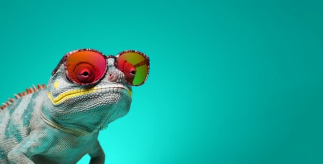 Chameleon wearing sunglasses banner. Generate Ai