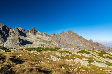 Velka Studena dolina valley with peaks above in High Tatras mountains in Slovakia