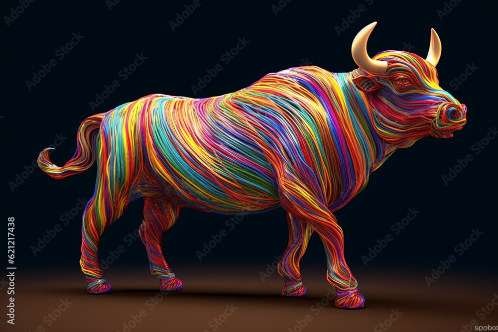 Poster an abstract depiction of a minoan bull, with fluid lines and vibrant colors. generative ai technolog