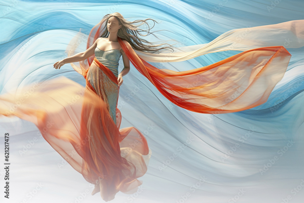 Poster an abstract depiction of a minoan priestess, with flowing robes and ethereal colors. generative ai t