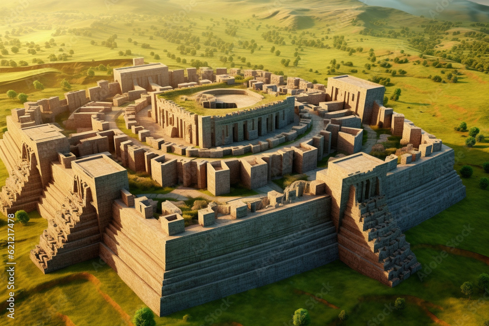 Leinwandbilder An image featuring an abstract representation of a Hittite citadel, with geometric patterns and fortified structures.  Generative AI technology.