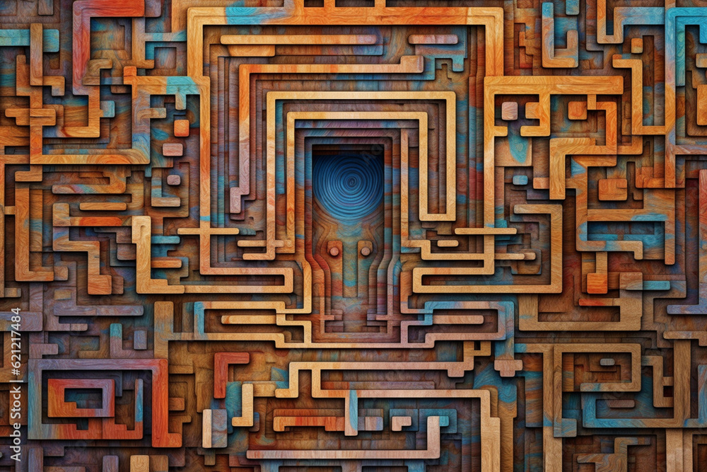 Poster An image showcasing abstract interpretations of the Minoan labyrinth, with intricate patterns and a mesmerizing color palette. Generative AI technology.