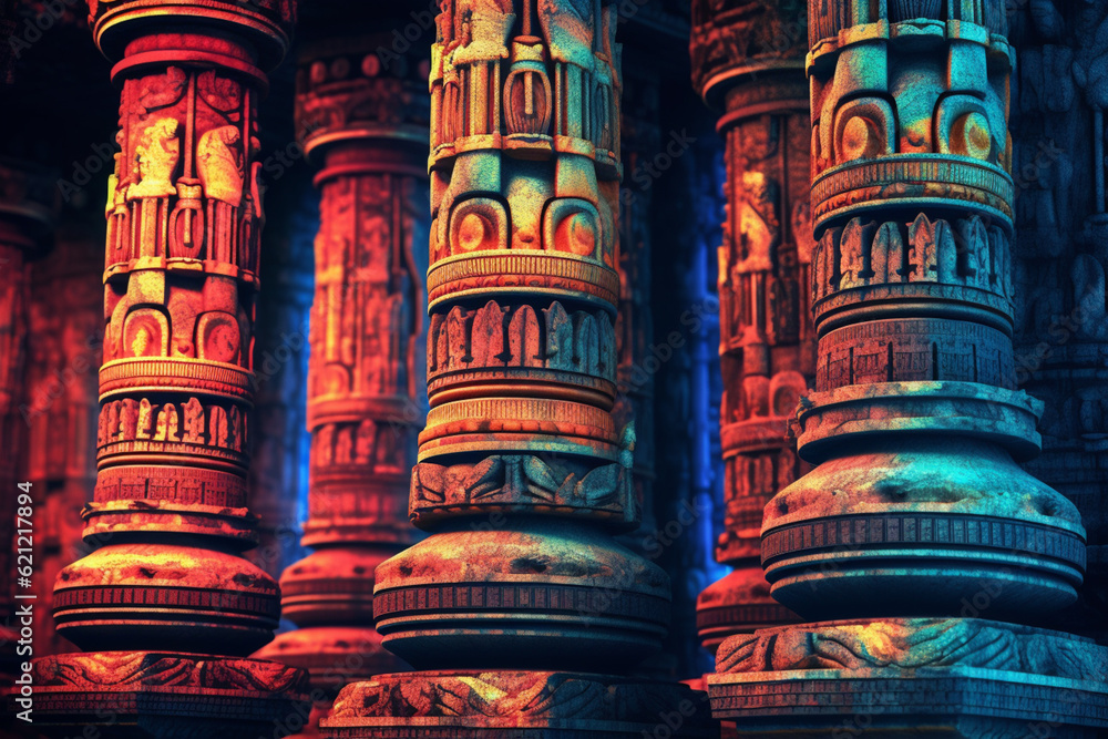 Poster An abstract interpretation of Mauryan pillars, with bold geometrical shapes and intricate carvings. Generative AI technology.