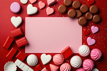 pink paper with heart-shaped candies around it. Generative AI