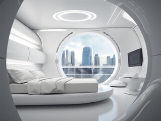 Serenity in White: Futuristic Bedroom with Circular Windows - A Vision of Modern Tranquility - Generative AI