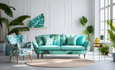 Refreshing Blue Living Room, Turquoise Sofa and Wall Chair Amidst a Leafy Wallpaper with a Stylish Table