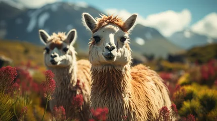 Fotobehang alpaca in the mountains, llama in the mountains, Guanacos in  mountains © Denis
