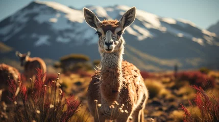 Fototapeten alpaca in the mountains, llama in the mountains, Guanacos in  mountains © Denis