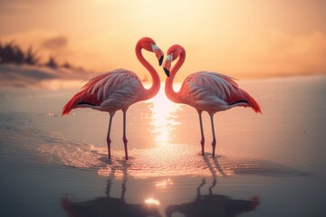 Flamingo beach sunset. Generate Ai