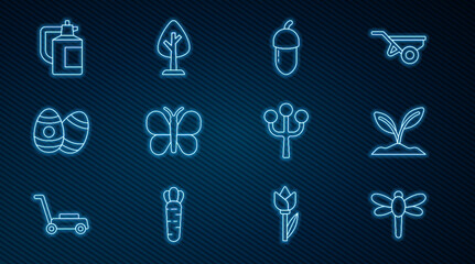 Set line Dragonfly, Sprout, Acorn, Butterfly, Easter egg, Garden sprayer for fertilizer, Blossom tree branch and Forest icon. Vector