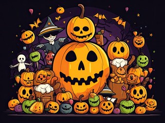 halloween holiday concept. Halloween decorations, pumpkins, bats, ghosts on orange background. Halloween party greeting card 