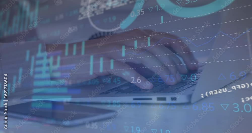 Poster animation of statistical and stock market data processing over mid section of woman using laptop