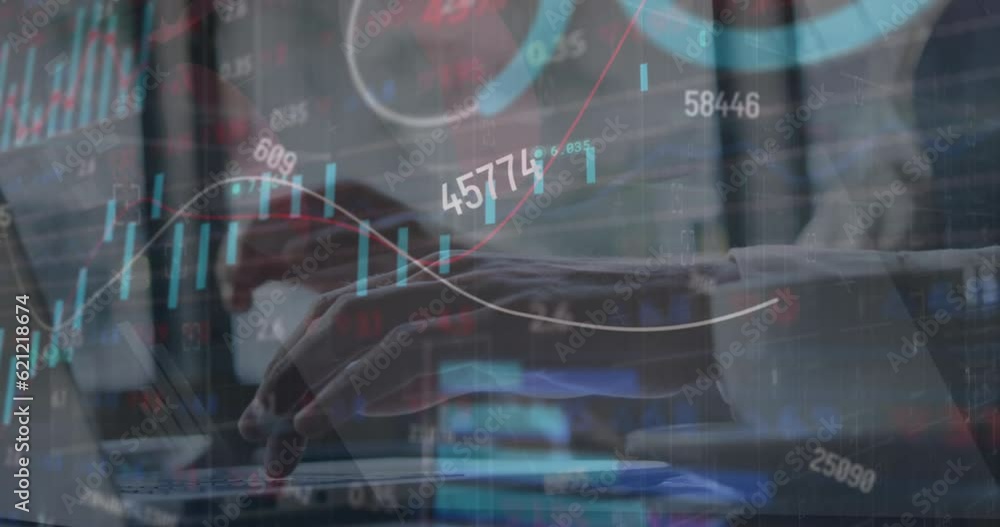 Poster animation of stock market data processing over mid section of businessman using laptop at a cafe