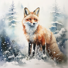 Watercolor painting of a red fox in a winter snow forest