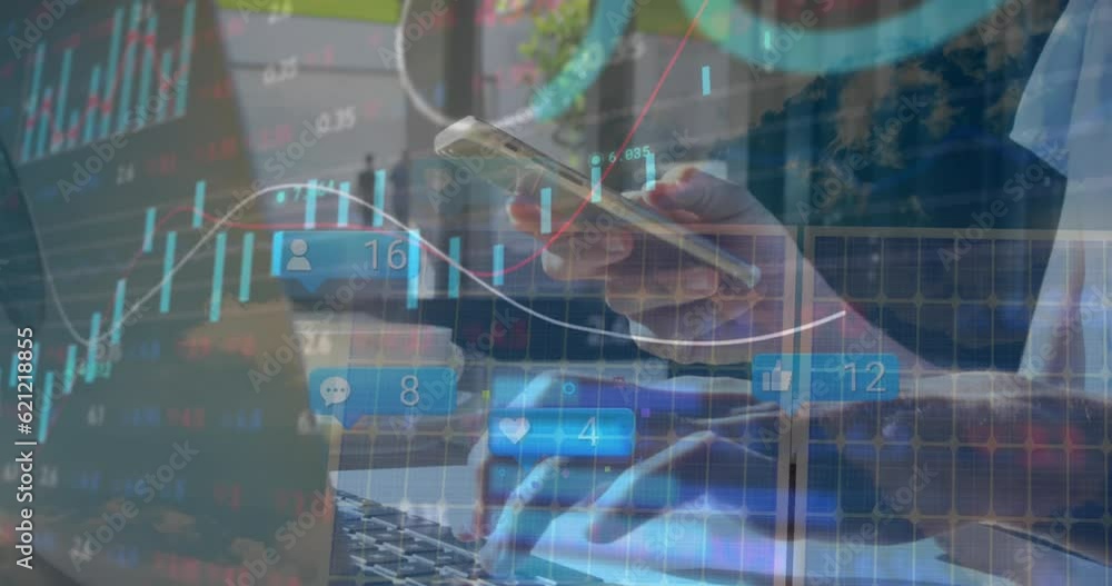 Aufkleber animation of statistical data processing over mid section of a woman using smartphone and laptop