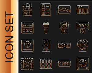 Set line Drum machine, T-shirt, Music wave equalizer, Microphone, note, tone and Play square icon. Vector