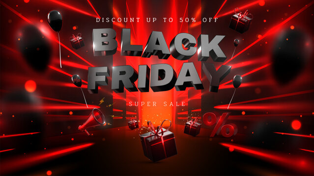 Black Friday poster with realistic gift boxes, balloons, and captivating red neon light effects. Luxury black background.