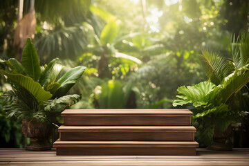 Fototapeta na wymiar A Wooden podium in forest backdrop, table for product display with blur background of tropical jungle
