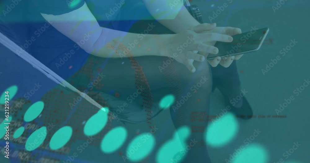 Poster animation of data processing, spinning globe over mid section of caucasian woman using a smartphone