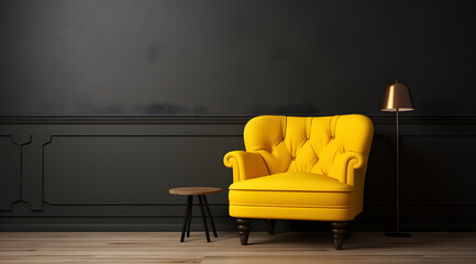 Dark wall mock-up with yellow armchair on black wall background