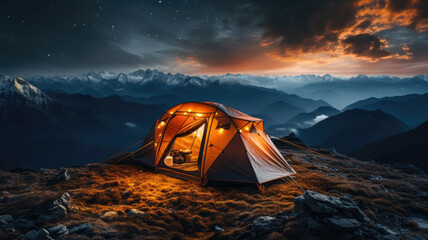 photorealism of Orange tent. Lying on a high mountain. In the night. Milky Way stars fill the sky. Banner with copy space. wide angle lens ambient light,ai generater.