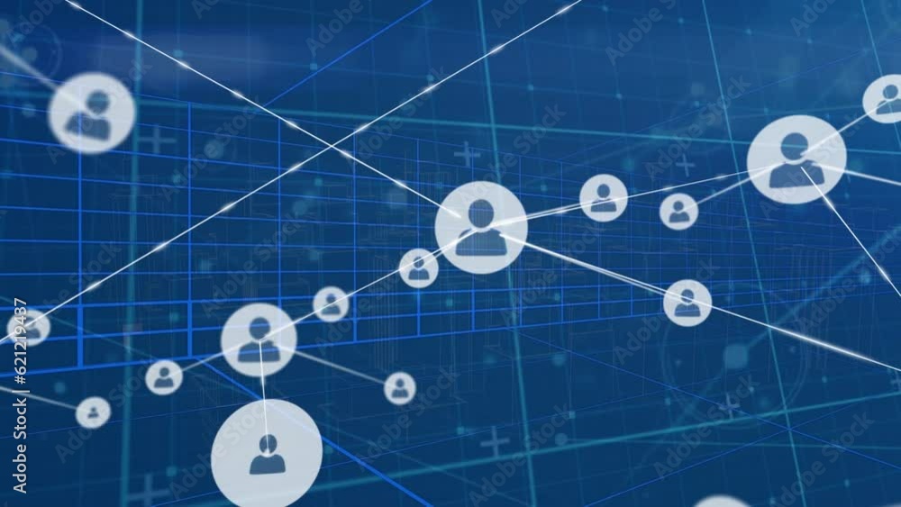 Aufkleber animation of network of profile icons over tunnel in seamless pattern against blue background