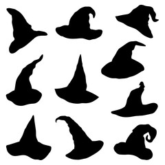 Set of Halloween witch black hat isolated stickers.