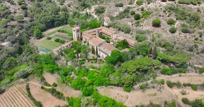 Aerial view of the Monastery of Sant Jeroni de la Vall de Betlem or Murta in Badalona province of Barcelona Spain