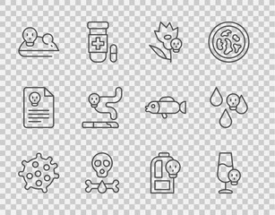 Set line Bacteria, Poisoned alcohol, flower, Bones and skull, Experimental mouse, Cigarette, Beaker with toxic liquid and Acid rain icon. Vector