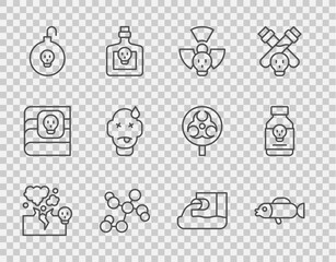 Set line Poisonous cloud of gas or smoke, Puffer fish, Radioactive, Chemical formula, Nuclear bomb, Man poisoning, Wastewater and Poisoned pill icon. Vector