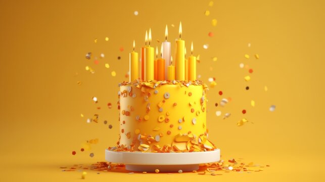 Generative AI. Happy birthday party concept, minimalistic background. Sweet cake with yellow cream and icing with candles. Gender party.