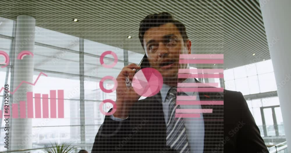 Poster animation of statistical data processing over caucasian businessman talking on smartphone at office