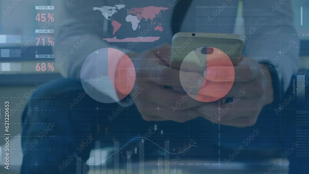Poster animation of financial data processing over biracial businessman using smartphone